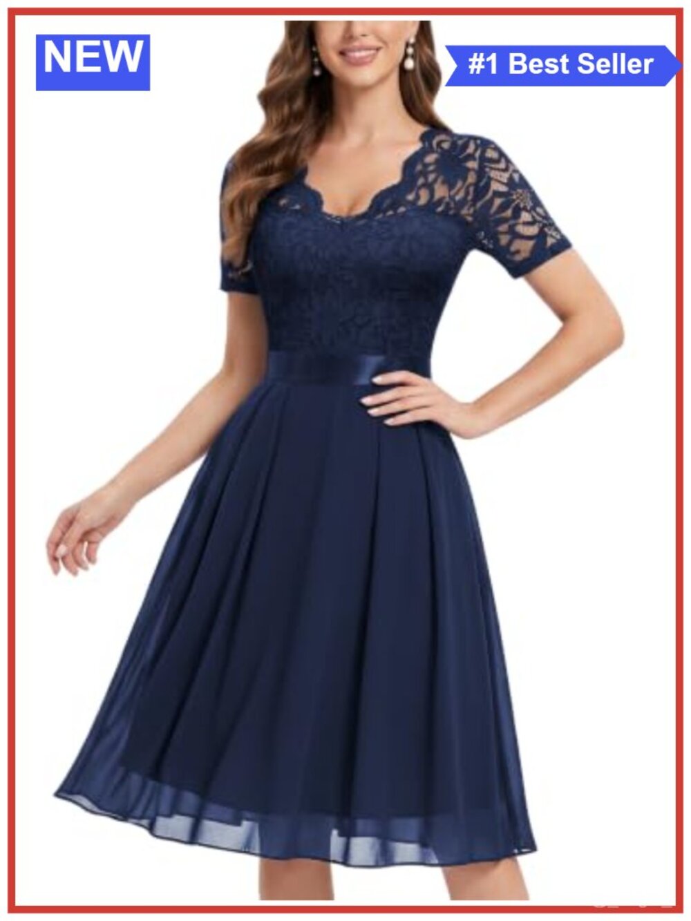 MISSMAY A-Line V-Neck Floral Lace Chiffon Short Sleeve Bridesmaid Party Dress